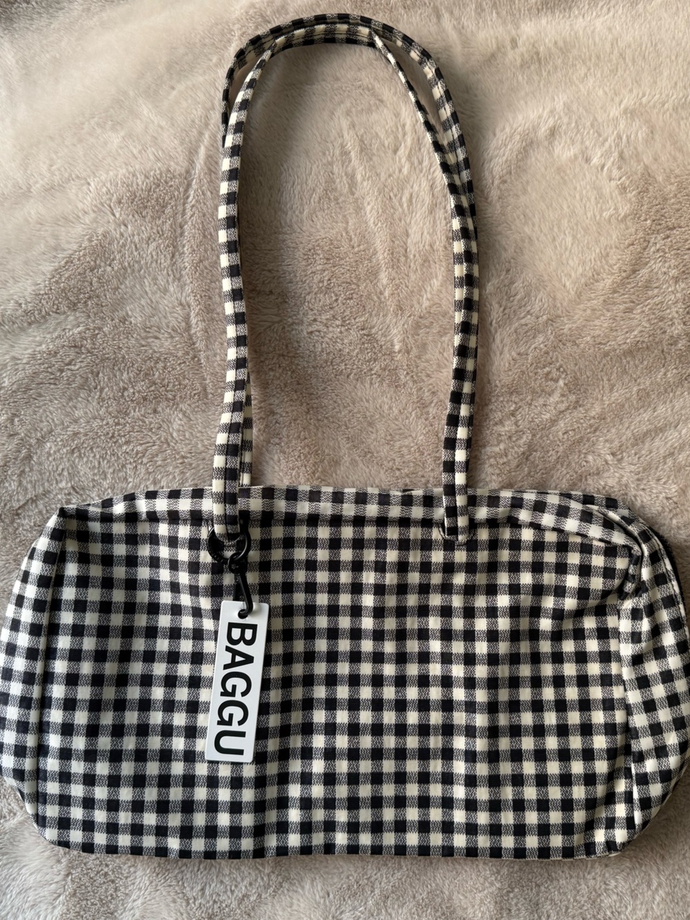 NWT BAGGU Medium Nylon Bowler Bag Black and White Gingham - Picture 1 of 11